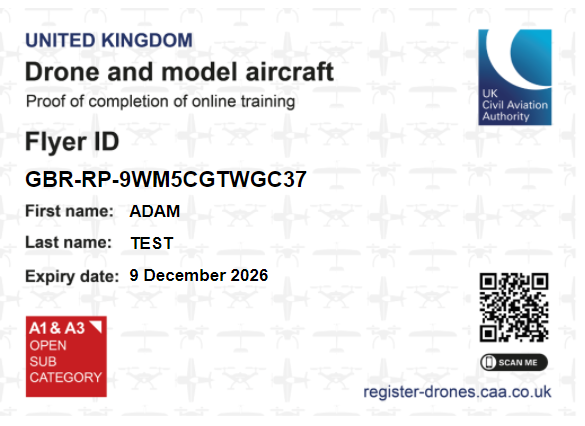 Image of the proof of completion of online training of open category online training provided by the CAA, which includes the Flyer ID, name and expiry date of the training